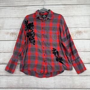 Angie Floral Embroidered Plaid Button Down Shirt Womens Medium Red Gray Blue
